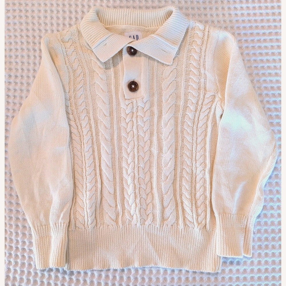 Gap Kids Cable Knit Sweater XS 4/5 Cream Shawl Collar Cotton Pullover